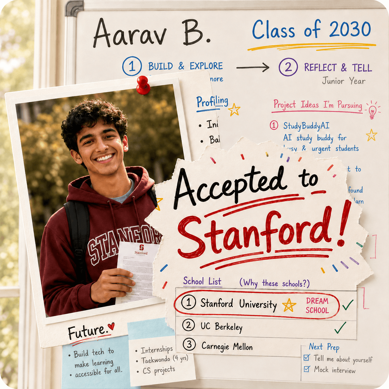 Aarav B., Class of 2030 — planning whiteboard with an “Accepted to Stanford!” note