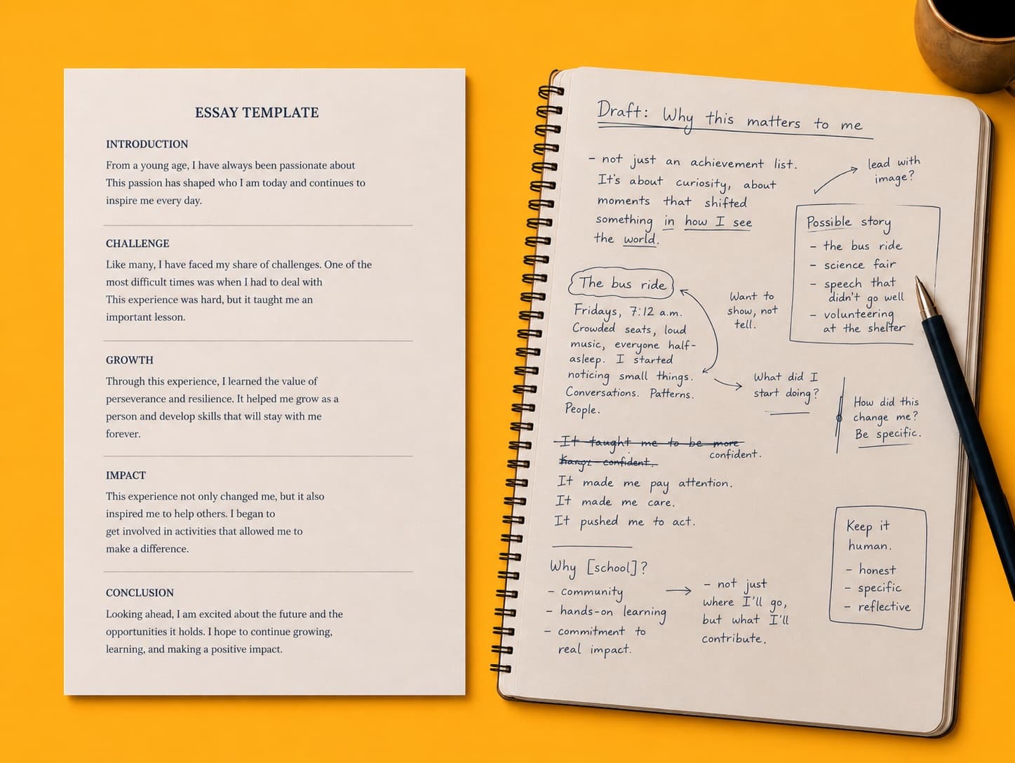 An essay template beside a notebook of working drafts