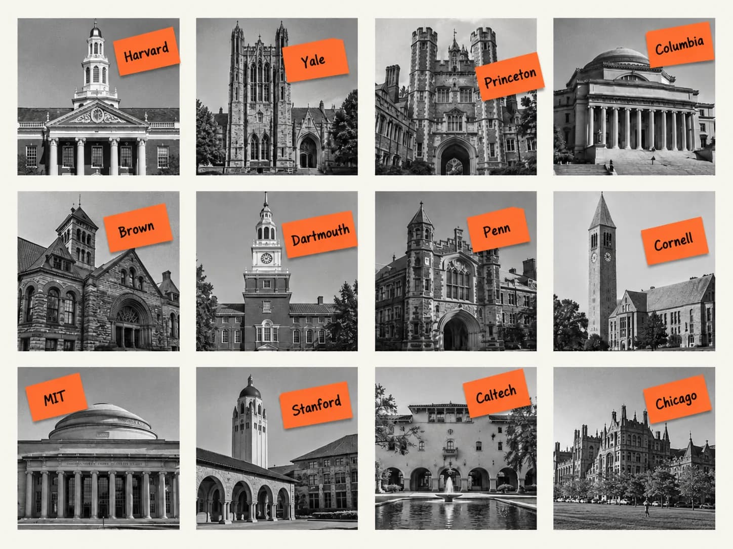 Harvard, Yale, Princeton, Columbia, Brown, Dartmouth, Penn, Cornell, MIT, Stanford, Caltech and Chicago